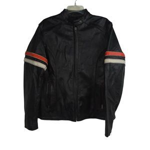 Unik Leather Motorcycle Jacket Size Large Black Cafe Racer Style Orange White